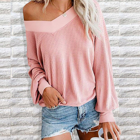 Damen lässiger off-shoulder Pullover im Waffle-Design mit weitem Schnitt EB