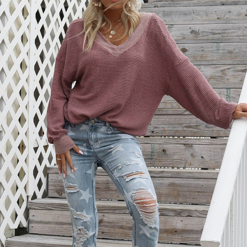 Damen lässiger off-shoulder Pullover im Waffle-Design mit weitem Schnitt EB