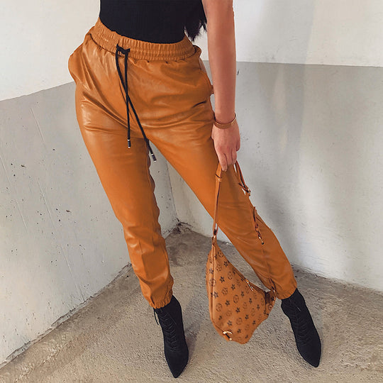 Damen elegante Kunstlederhose mit elastischem Bund und Kordelzug EB