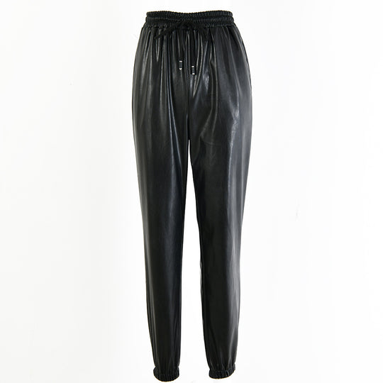 Damen elegante Kunstlederhose mit elastischem Bund und Kordelzug EB