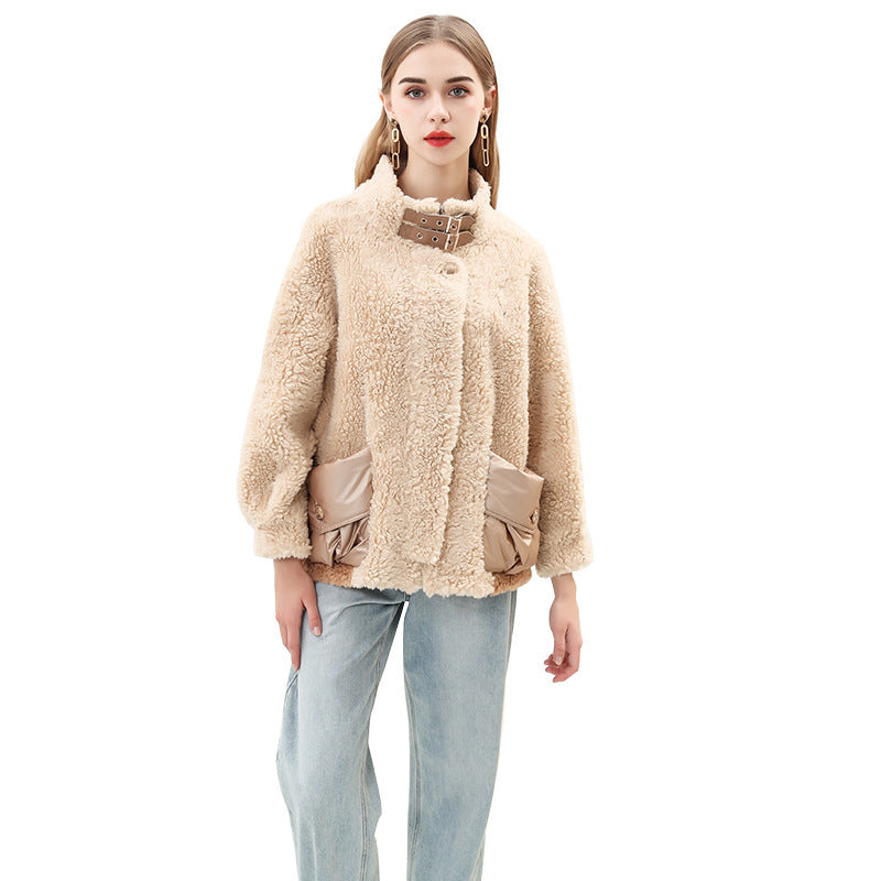 Damen kuschelige Oversize-Jacke mit dekorativen Taschen EB