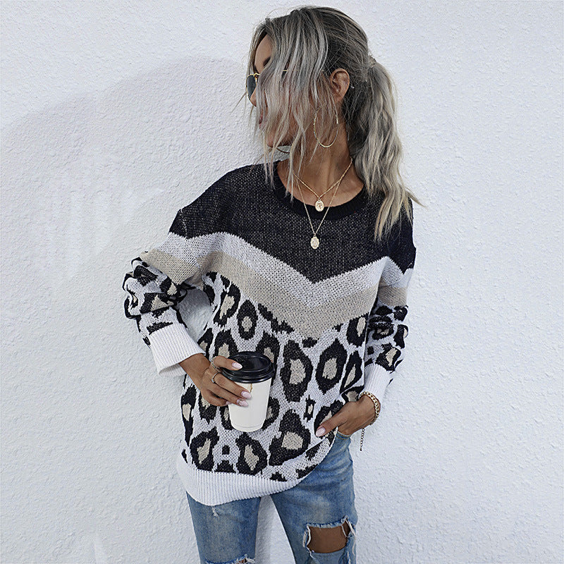 Damen lässiger Strickpullover mit grafischem Leoparden-Design EB