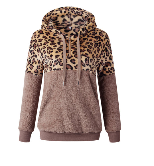 Damen Trendiger Zip-Hoodie mit Leopardenmuster und kuscheligem Fleece EB