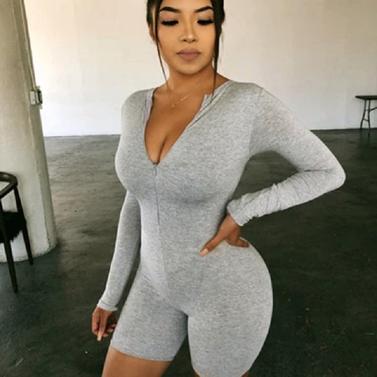 Damen Sportlicher Jumpsuit mit langem Arm und tiefem Ausschnitt EB