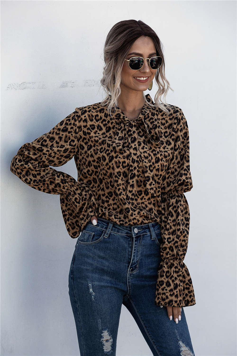Damen Lockere Bluse mit weitem Ärmel und modischem Leomuster EB