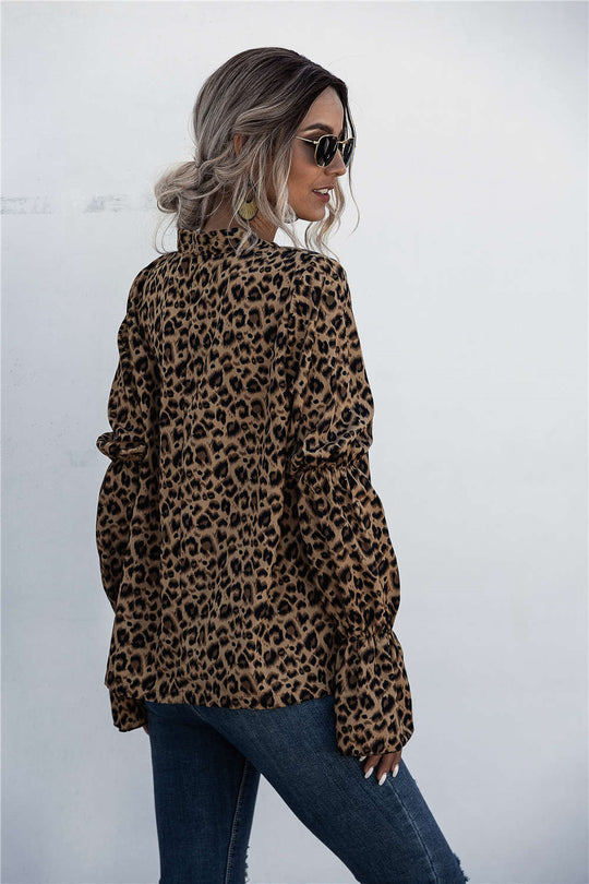 Damen Lockere Bluse mit weitem Ärmel und modischem Leomuster EB