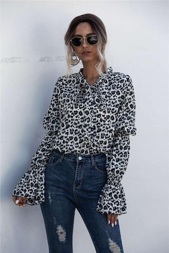 Damen Lockere Bluse mit weitem Ärmel und modischem Leomuster EB