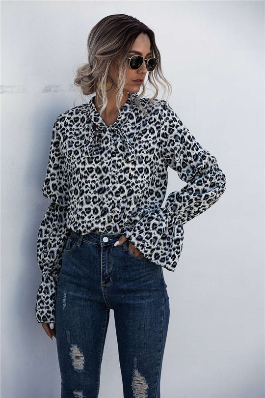 Damen Lockere Bluse mit weitem Ärmel und modischem Leomuster EB