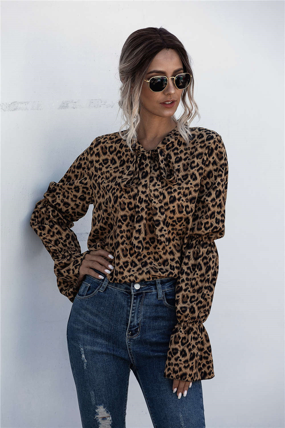 Damen Lockere Bluse mit weitem Ärmel und modischem Leomuster EB