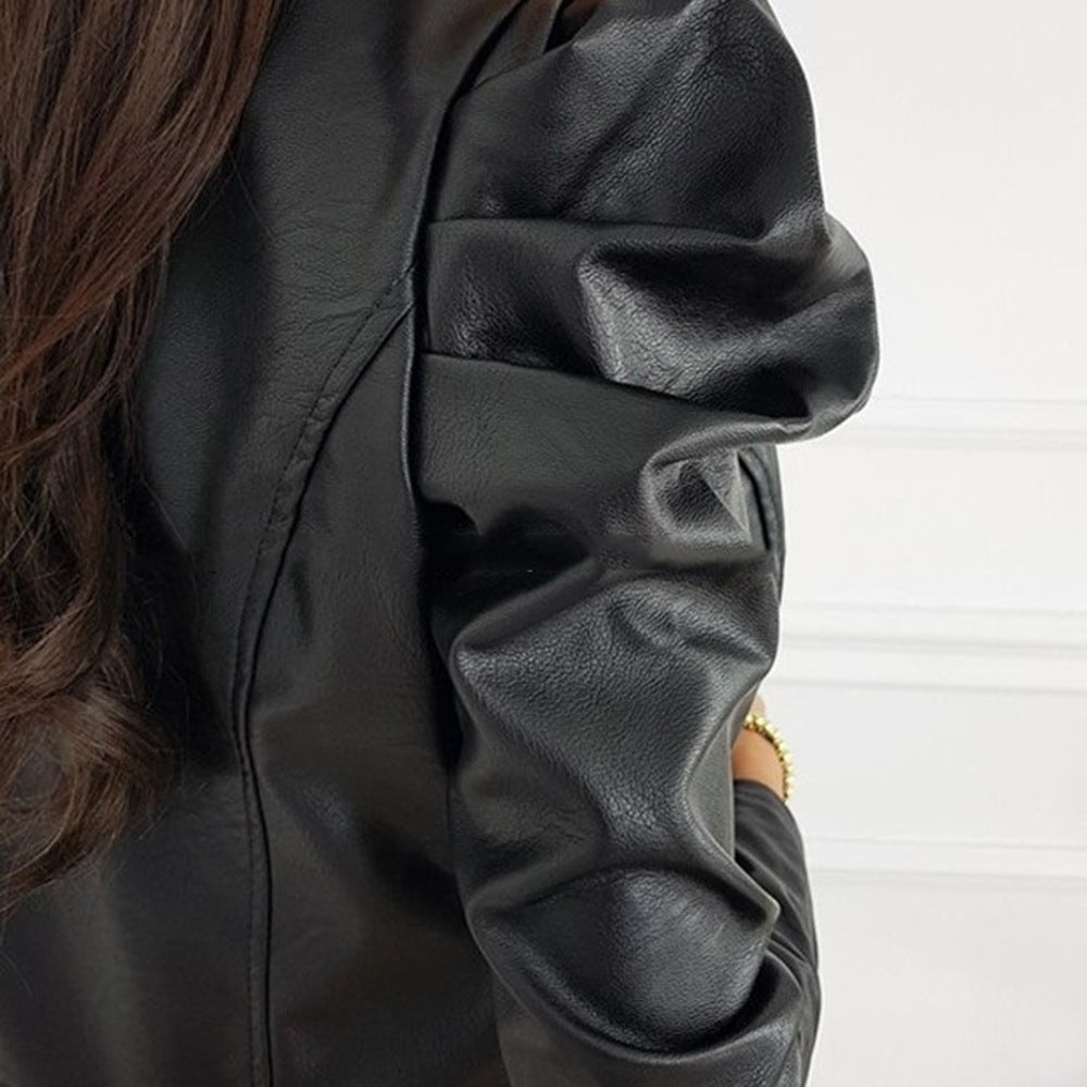 Damen nan taillierte Kurzjacke aus Kunstleder mit Puffärmeln und Reißverschluss EB