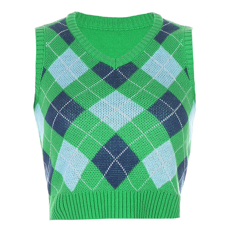 Damen ärmelloses Strickoberteil im modischen Argyle-Muster EB