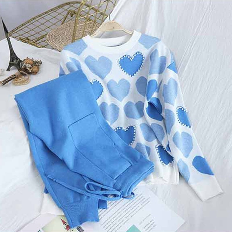 Damen kuscheliges Strick-Loungewear-Set mit Herzmuster EB