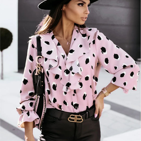 Damen Bluse mit voluminösen Rüschendetails und modernem Punktedesign EB