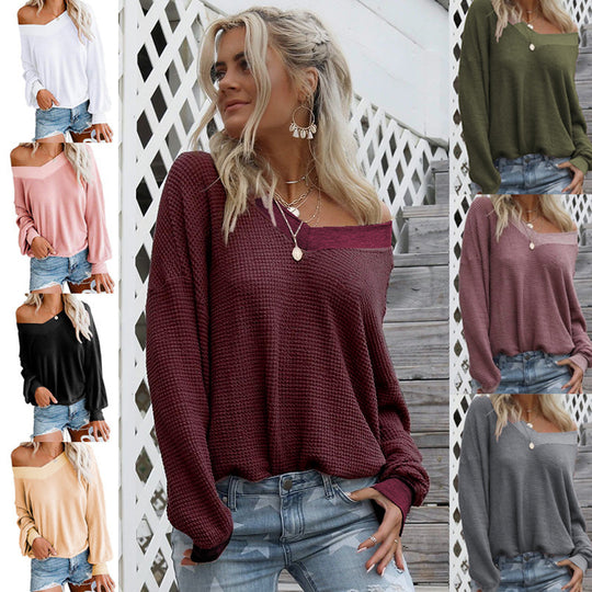 Damen lässiger off-shoulder Pullover im Waffle-Design mit weitem Schnitt EB