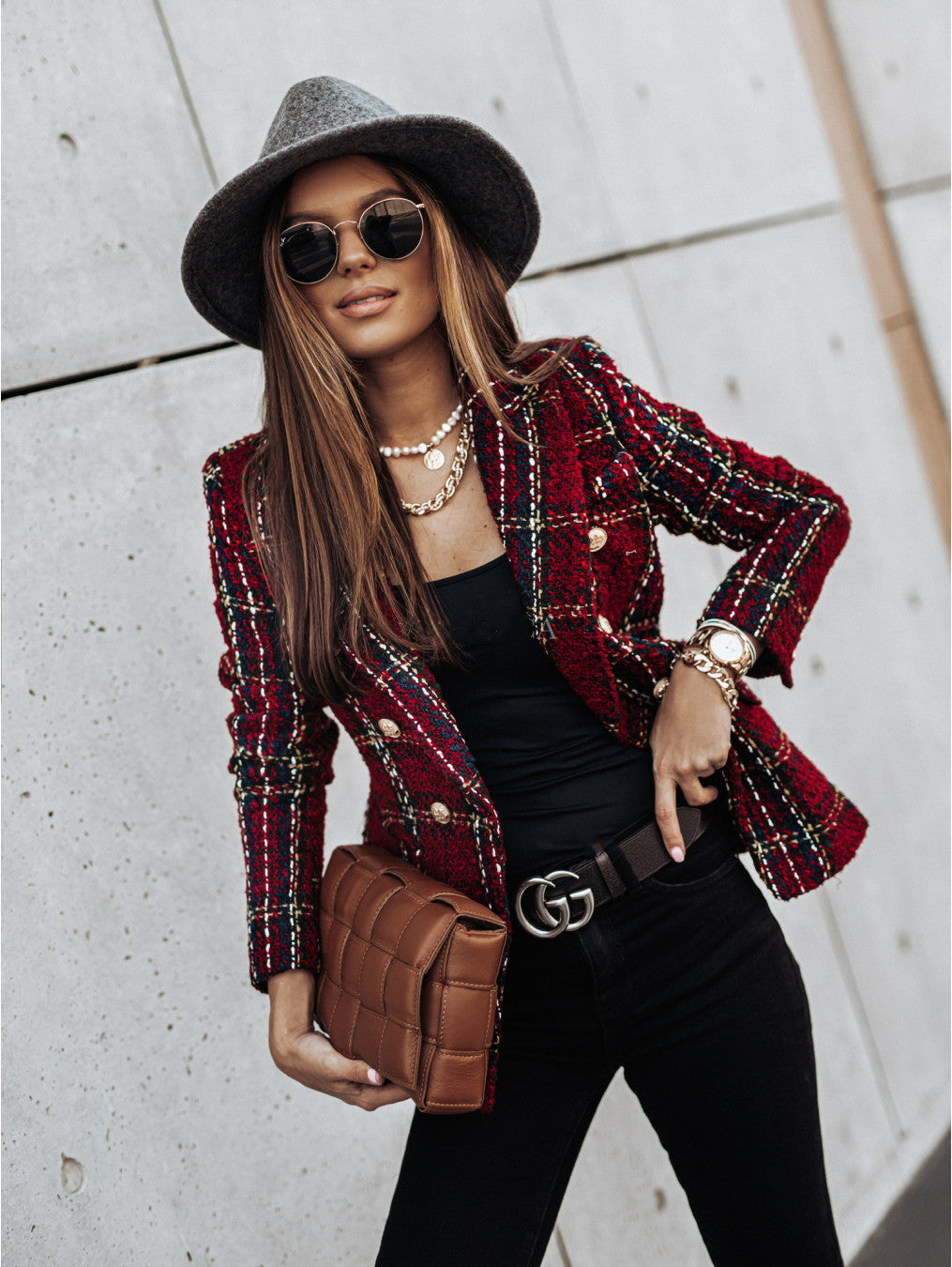 Damen modische Blazerjacke im Tweed-Stil mit schicken Knopfdetails EB