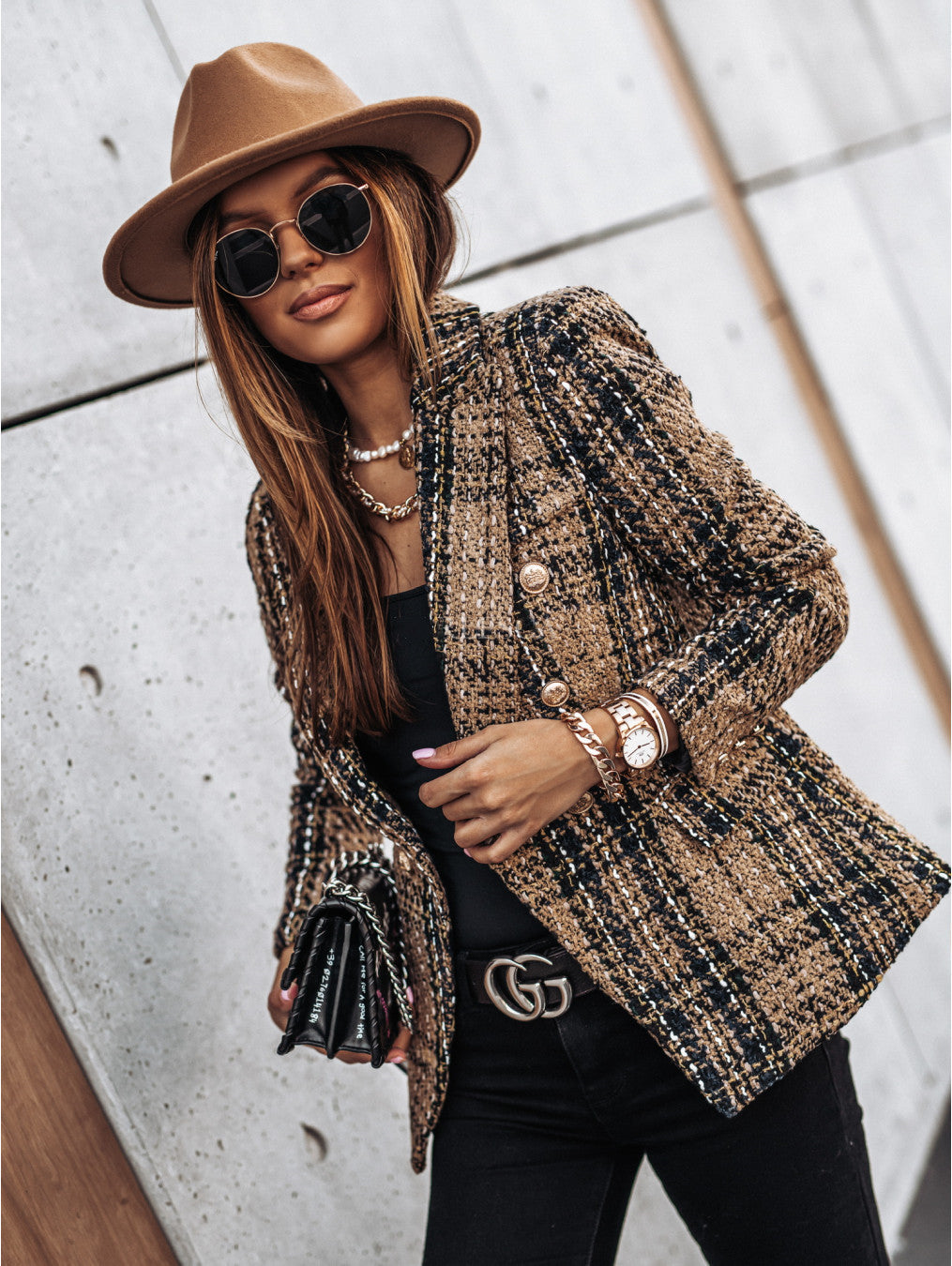 Damen modische Blazerjacke im Tweed-Stil mit schicken Knopfdetails EB