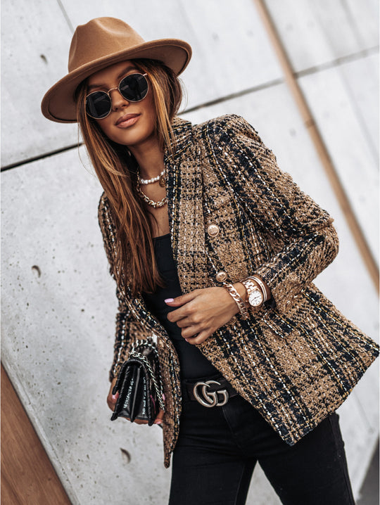 Damen modische Blazerjacke im Tweed-Stil mit schicken Knopfdetails EB