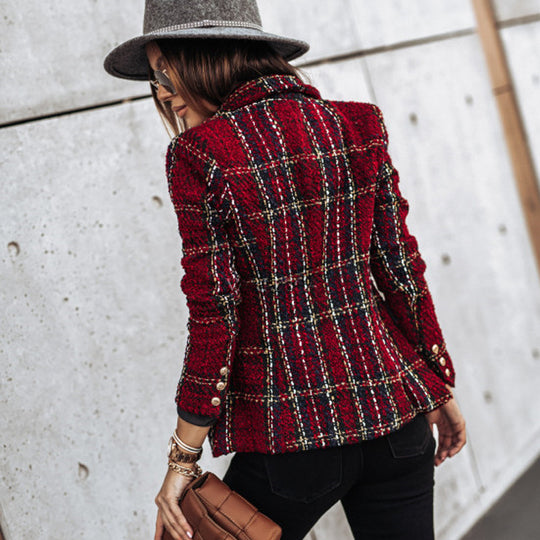 Damen modische Blazerjacke im Tweed-Stil mit schicken Knopfdetails EB
