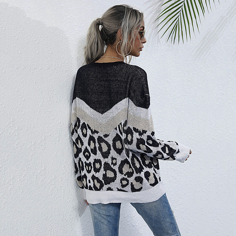 Damen lässiger Strickpullover mit grafischem Leoparden-Design EB