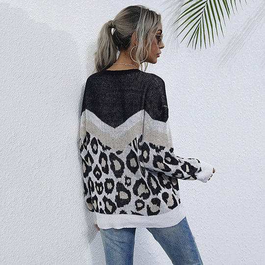 Damen lässiger Strickpullover mit grafischem Leoparden-Design EB