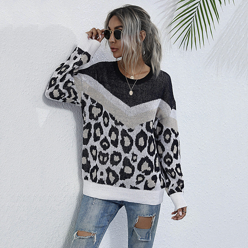 Damen lässiger Strickpullover mit grafischem Leoparden-Design EB