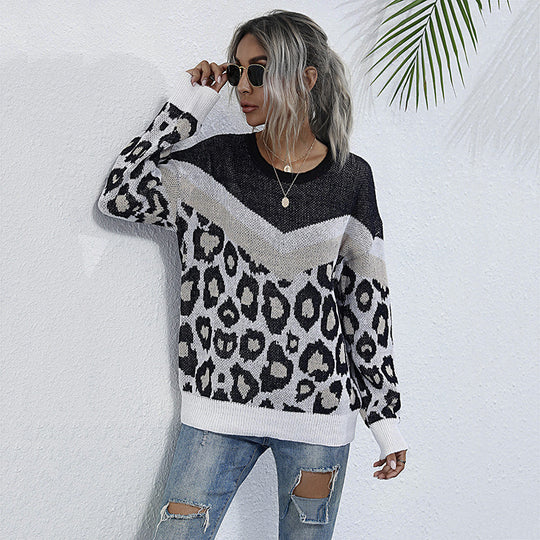 Damen lässiger Strickpullover mit grafischem Leoparden-Design EB