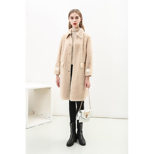 Damen Flauschiger Kunstfell-Mantel mit Taschen und klassischem Kragen EB