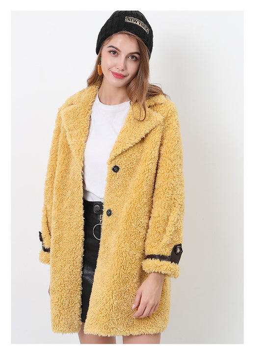 Damen Flauschiger Kurzmantel mit modischem Kragen und Knöpfen EB
