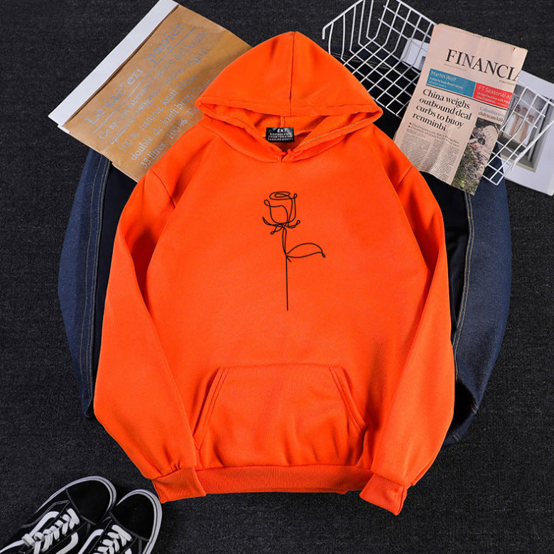 Unisex nan Kapuzenpullover mit minimalistischer Rosenlinien-Illustration, Kängurutasche und angerautem Innenfutter EB