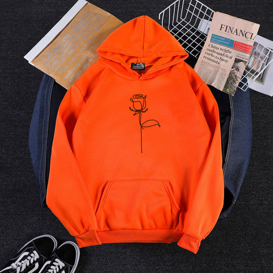 Unisex nan Kapuzenpullover mit minimalistischer Rosenlinien-Illustration, Kängurutasche und angerautem Innenfutter EB