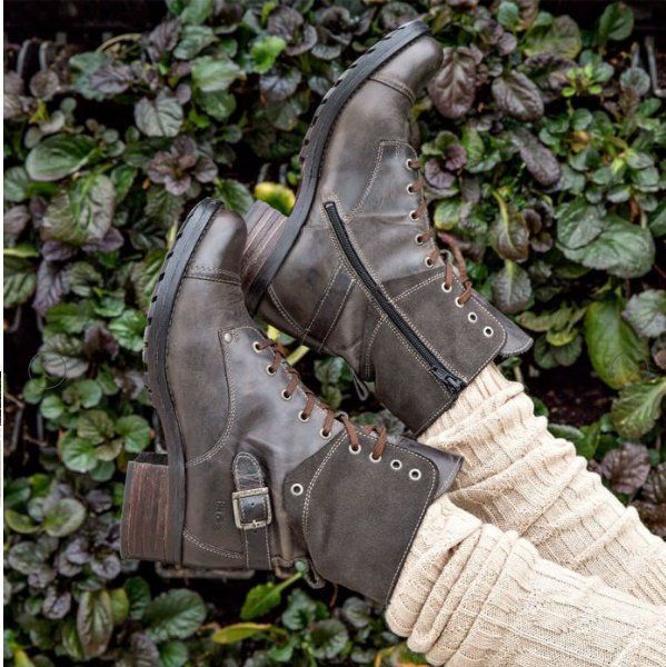 Damen nan knöchelhohe Schnürstiefel mit Velourskragen, dekorativer Schnalle und dämpfender Profilsohle EB