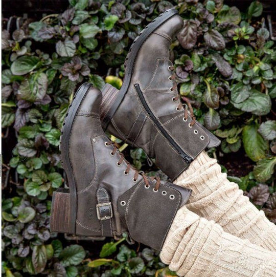 Damen nan knöchelhohe Schnürstiefel mit Velourskragen, dekorativer Schnalle und dämpfender Profilsohle EB