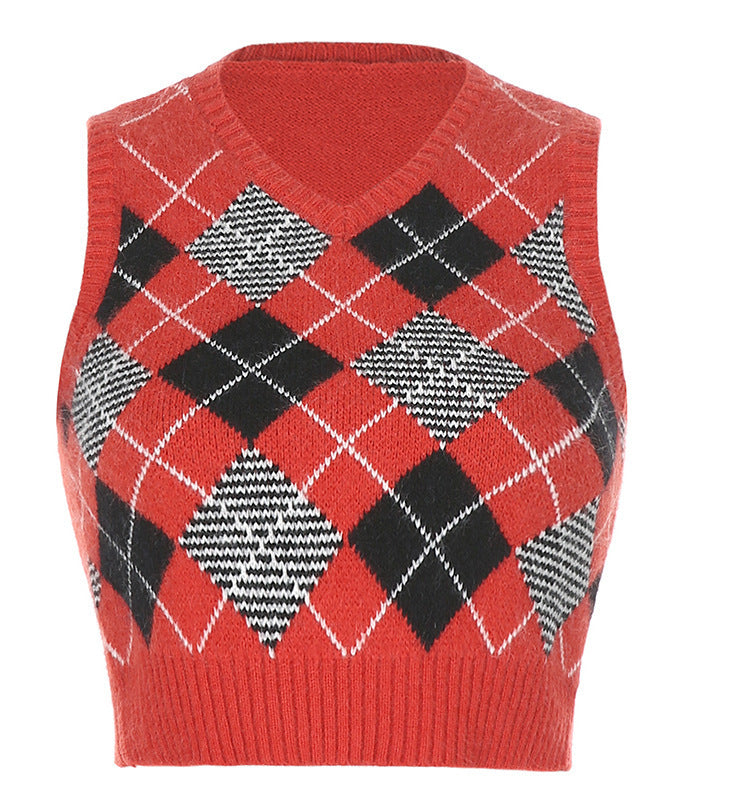 Damen nan ärmellose kurze Strickweste mit Rautenmuster und V-Ausschnitt EB