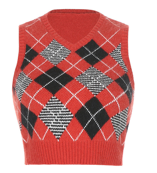 Damen nan ärmellose kurze Strickweste mit Rautenmuster und V-Ausschnitt EB