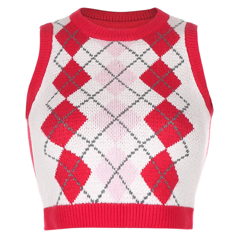 Damen ärmelloses Strickoberteil im modischen Argyle-Muster EB