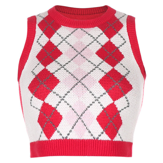 Damen ärmelloses Strickoberteil im modischen Argyle-Muster EB