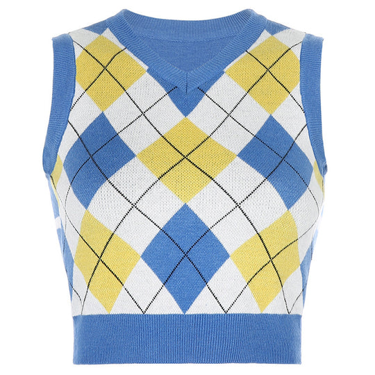 Damen ärmelloses Strickoberteil im modischen Argyle-Muster EB
