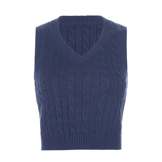 Damen Strick-Crop-Top mit V-Ausschnitt und Zopfmuster EB