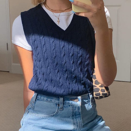 Damen Strick-Crop-Top mit V-Ausschnitt und Zopfmuster EB