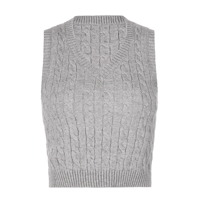 Damen Strick-Crop-Top mit V-Ausschnitt und Zopfmuster EB
