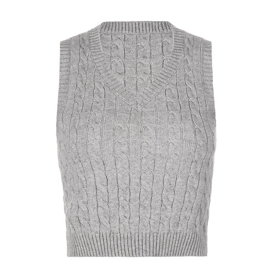 Damen Strick-Crop-Top mit V-Ausschnitt und Zopfmuster EB