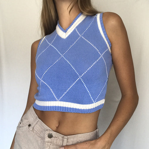Damen gestricktes Crop-Top mit Rautenmuster und V-Ausschnitt EB