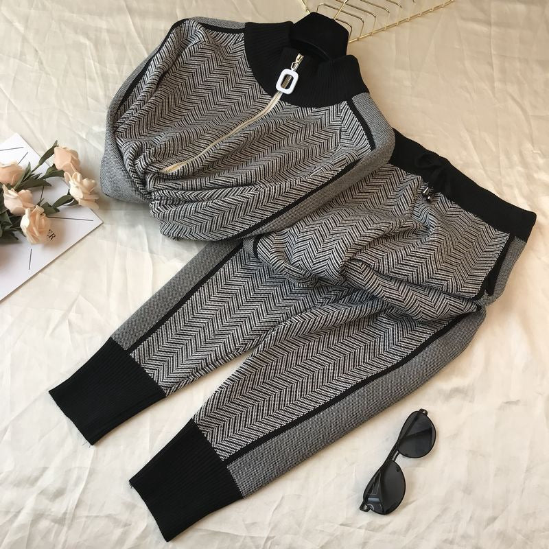 Damen modisches Strick-Loungewear-Set mit geometrischem Muster und elegantem Reißverschluss EB