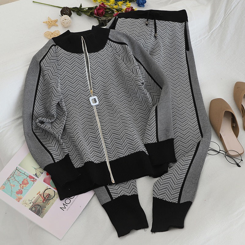 Damen modisches Strick-Loungewear-Set mit geometrischem Muster und elegantem Reißverschluss EB