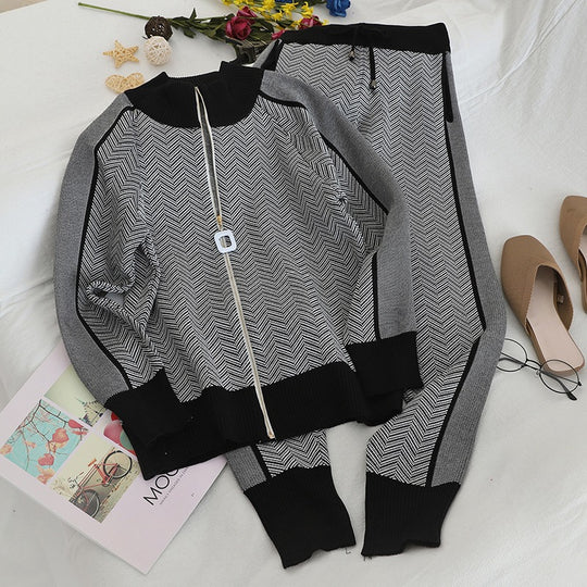 Damen modisches Strick-Loungewear-Set mit geometrischem Muster und elegantem Reißverschluss EB
