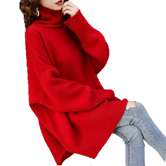 Damen Grobstrick Pullover mit hohem Kragen und lässigem Schnitt EB
