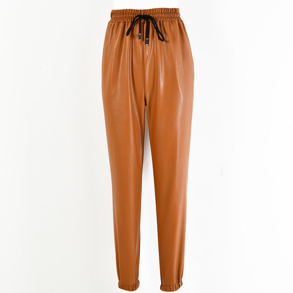 Damen elegante Kunstlederhose mit elastischem Bund und Kordelzug EB