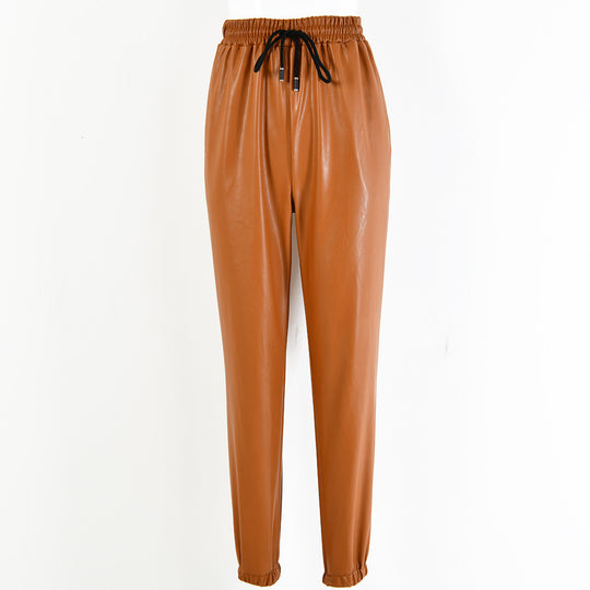 Damen elegante Kunstlederhose mit elastischem Bund und Kordelzug EB