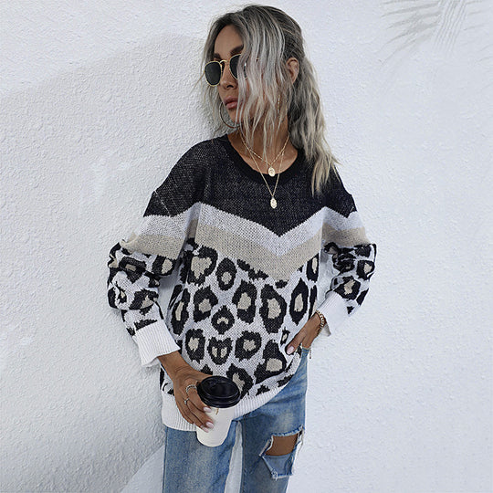 Damen lässiger Strickpullover mit grafischem Leoparden-Design EB