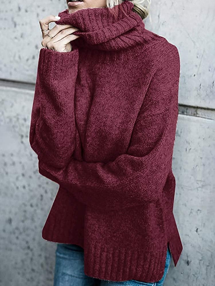 Damen Grobstrickpullover mit hohem Kragen und lässigem Schnitt EB